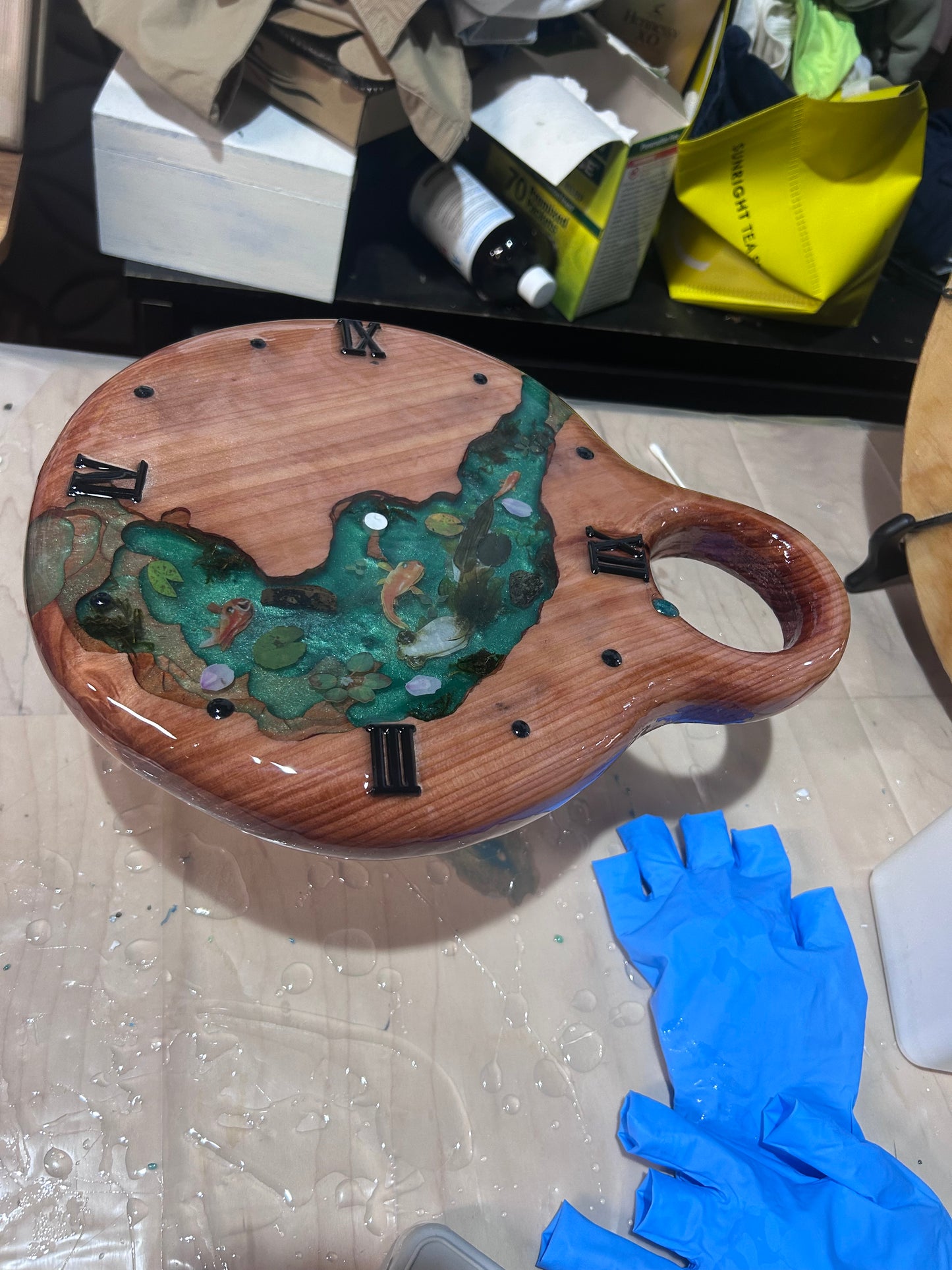 Handmade Koi Pond Resin & Wood Wall Clock – One of a Kind River Art Clock