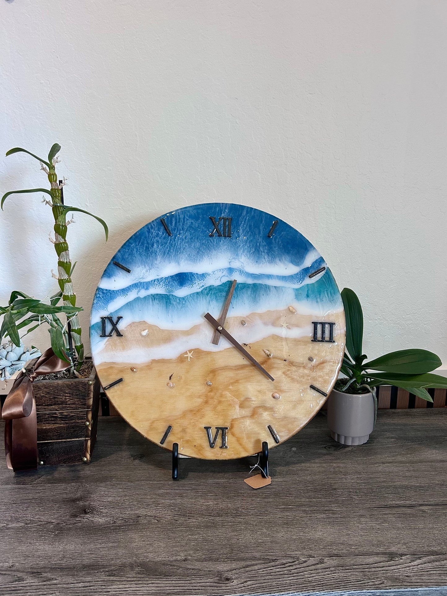 18” Ocean Wave Resin Wall Clock – Blue Beach Epoxy Art on Wood with Shells | Coastal Home Decor | Handmade Ocean Clock