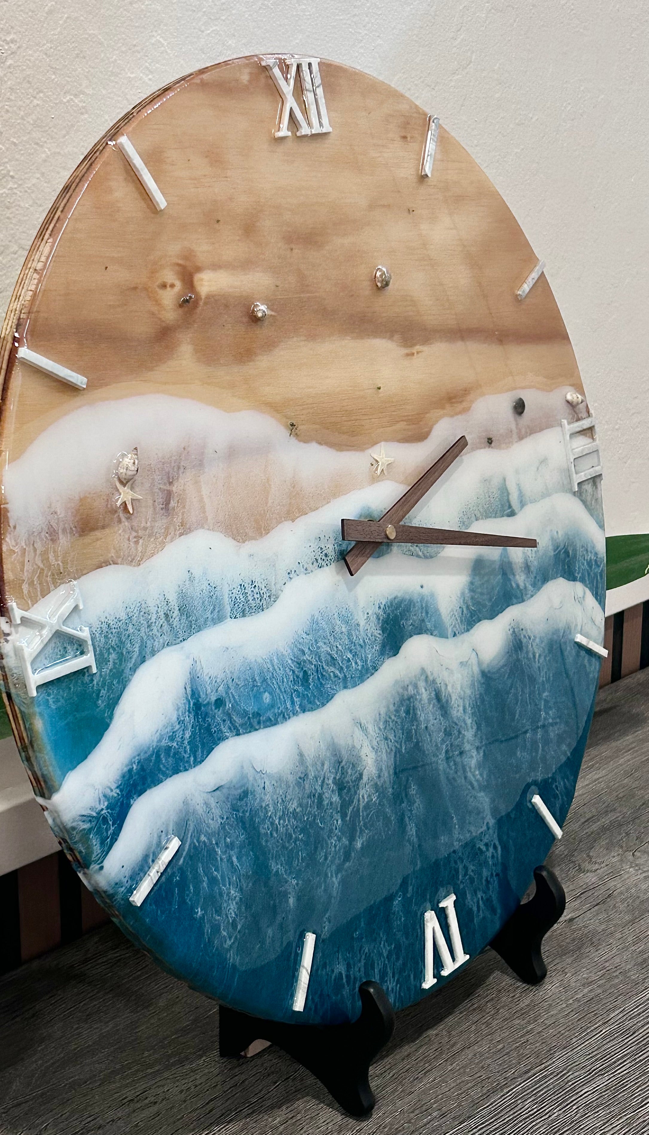 18” Ocean Wave Resin Wall Clock – Handmade Wood & Blue Epoxy Beach Art, Coastal Home Decor