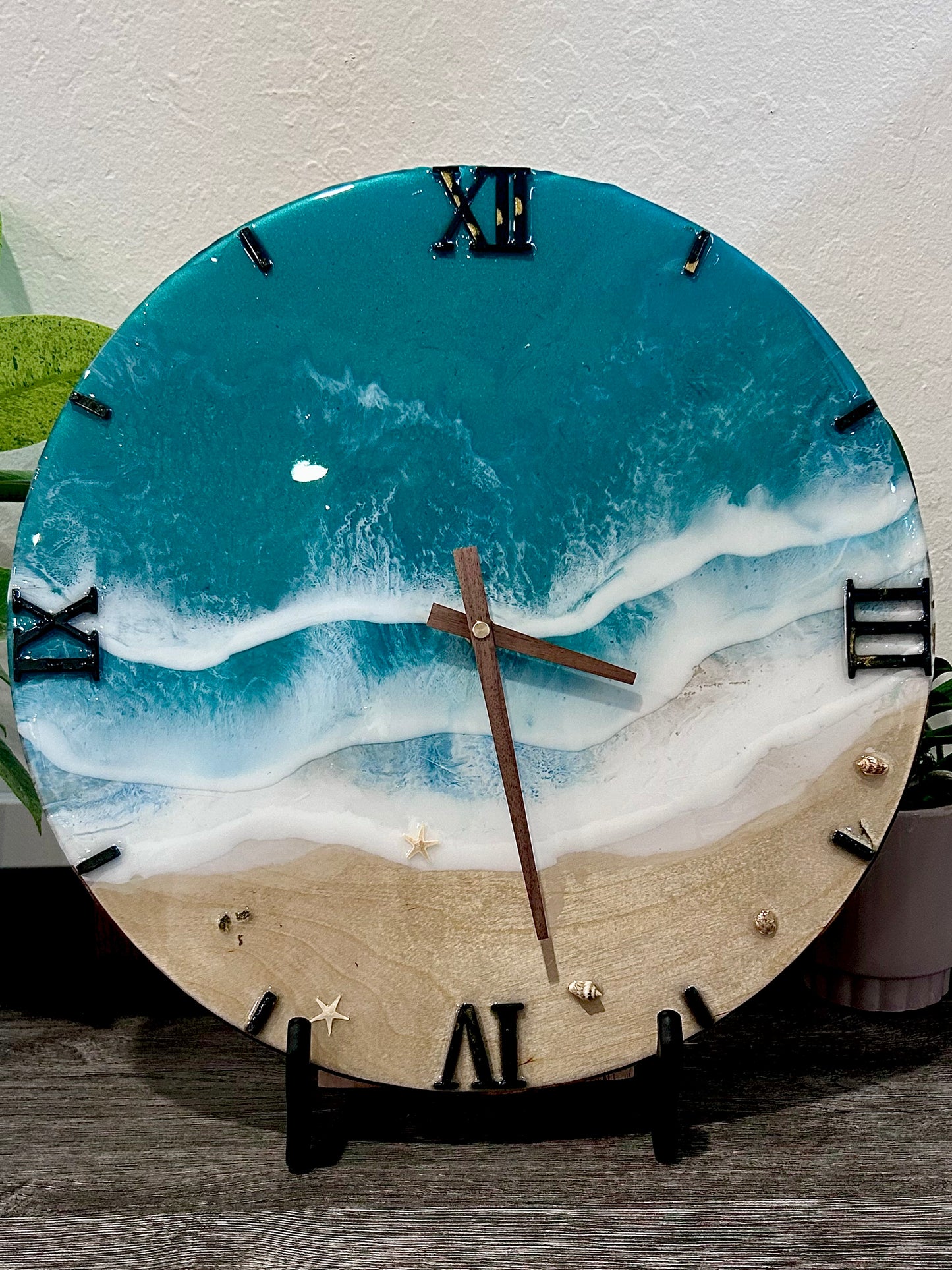 15” Ocean Resin Clock – Handmade Beach Wave Epoxy Art on Solid Wood