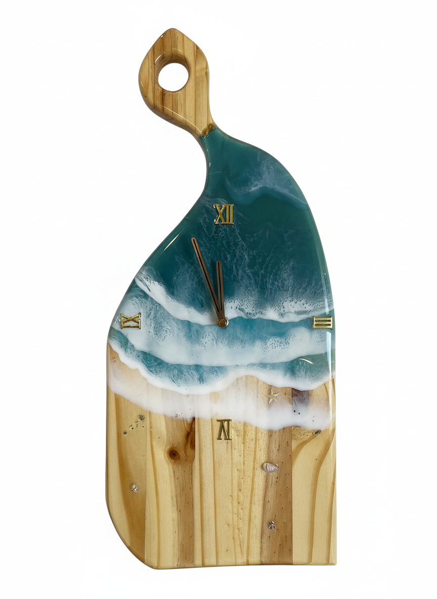 Ocean Wave Resin Wall Clock – 23” Charcuterie Board Style • Handmade Beach Art Clock • Coastal Resin Decor