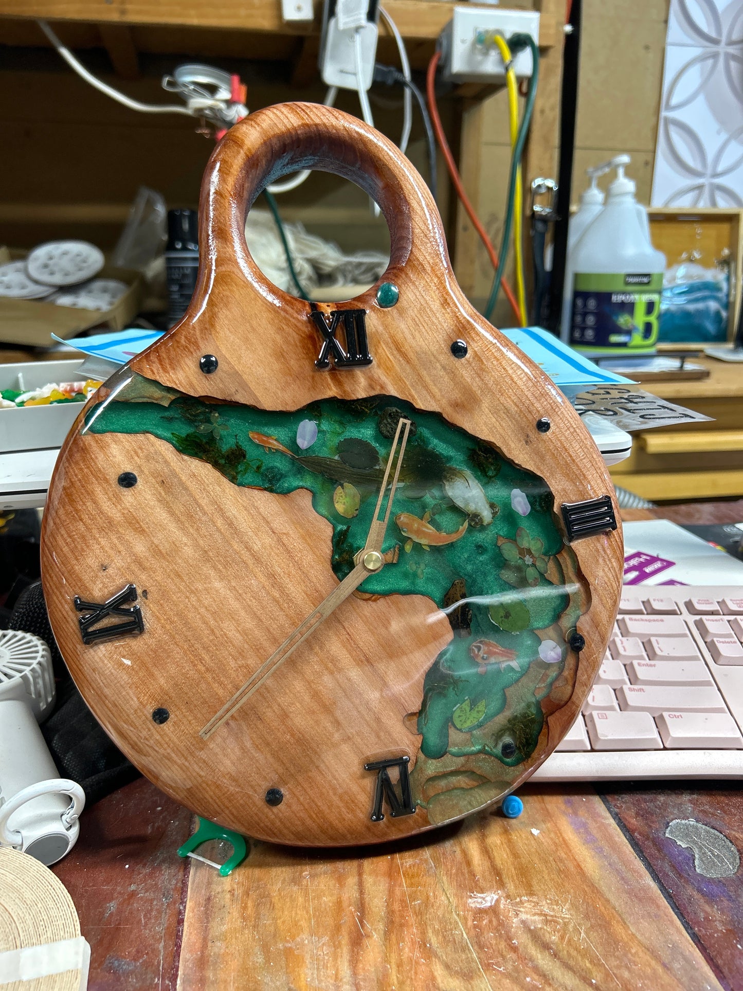 Handmade Koi Pond Resin & Wood Wall Clock – One of a Kind River Art Clock