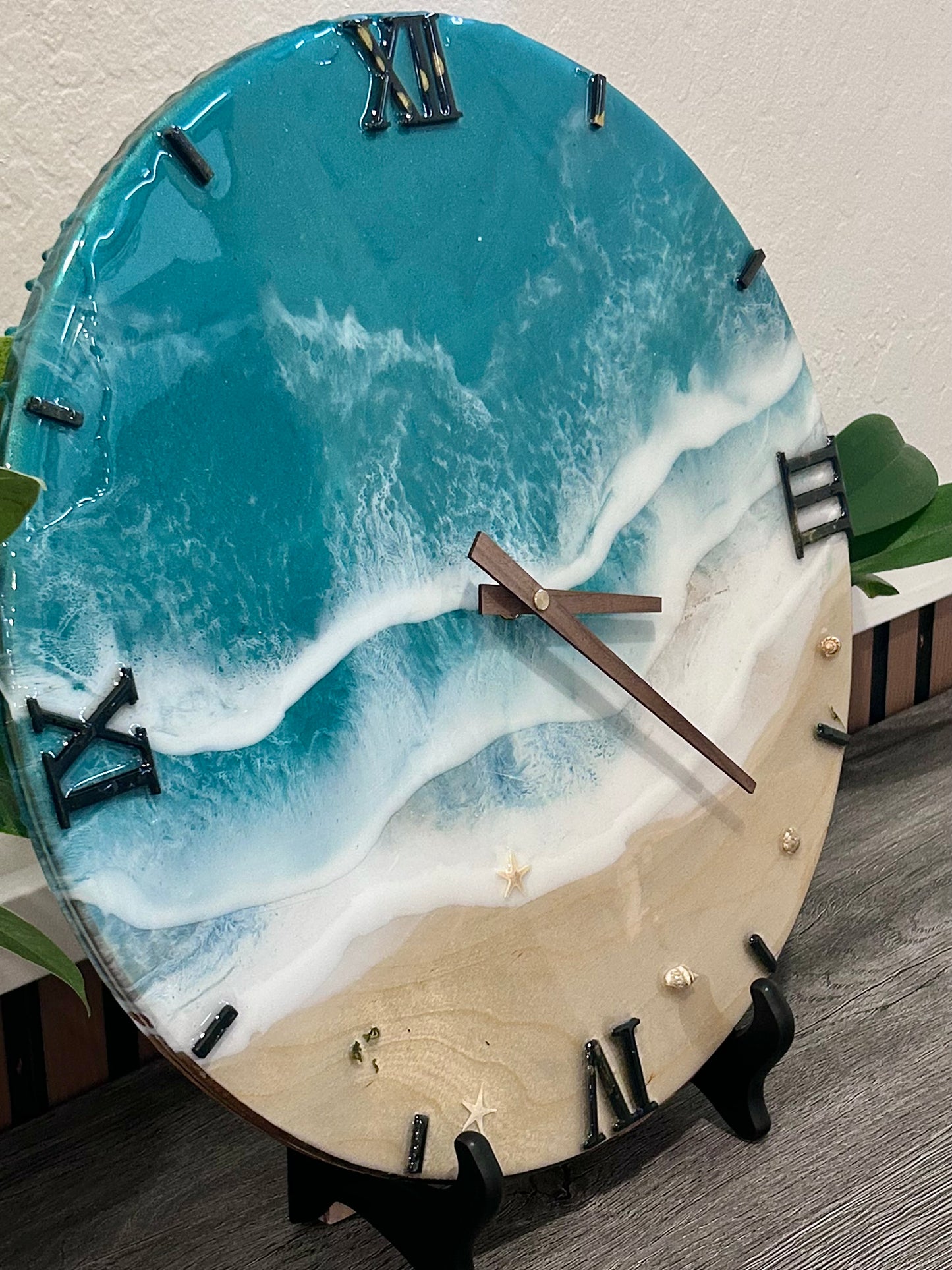 15” Ocean Resin Clock – Handmade Beach Wave Epoxy Art on Solid Wood