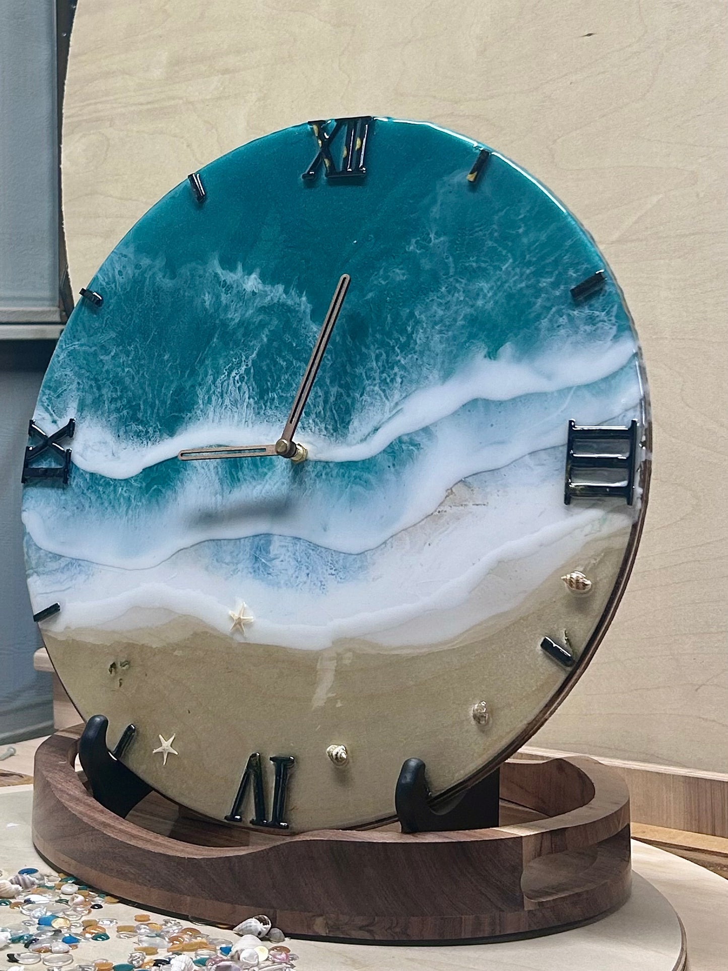15” Ocean Resin Clock – Handmade Beach Wave Epoxy Art on Solid Wood