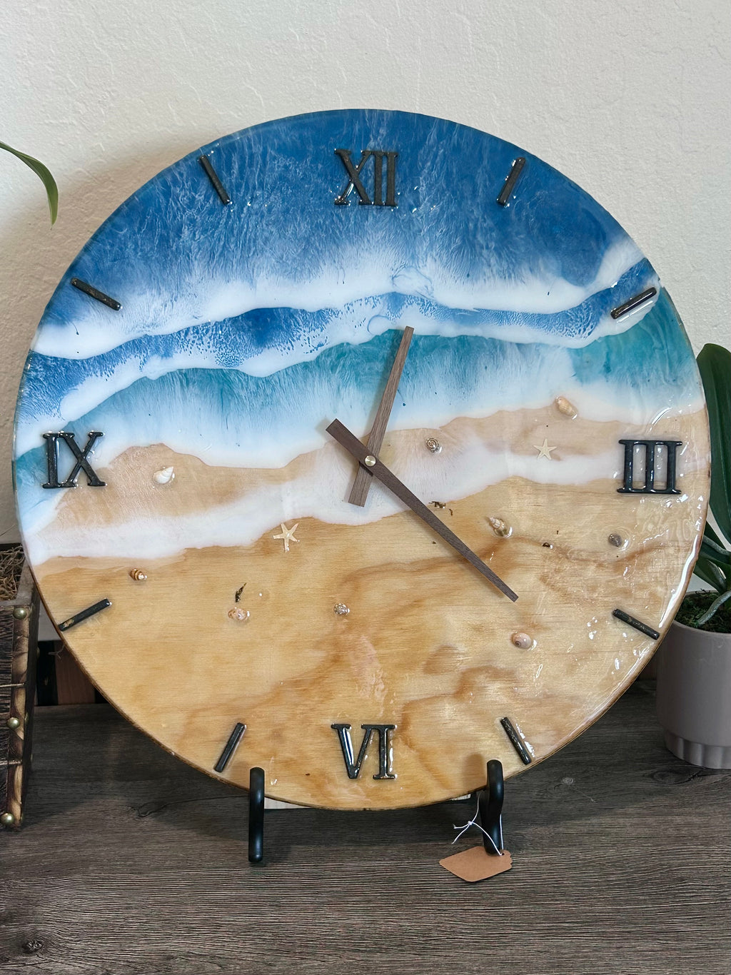 18” Ocean Wave Resin Wall Clock – Blue Beach Epoxy Art on Wood with Shells | Coastal Home Decor | Handmade Ocean Clock
