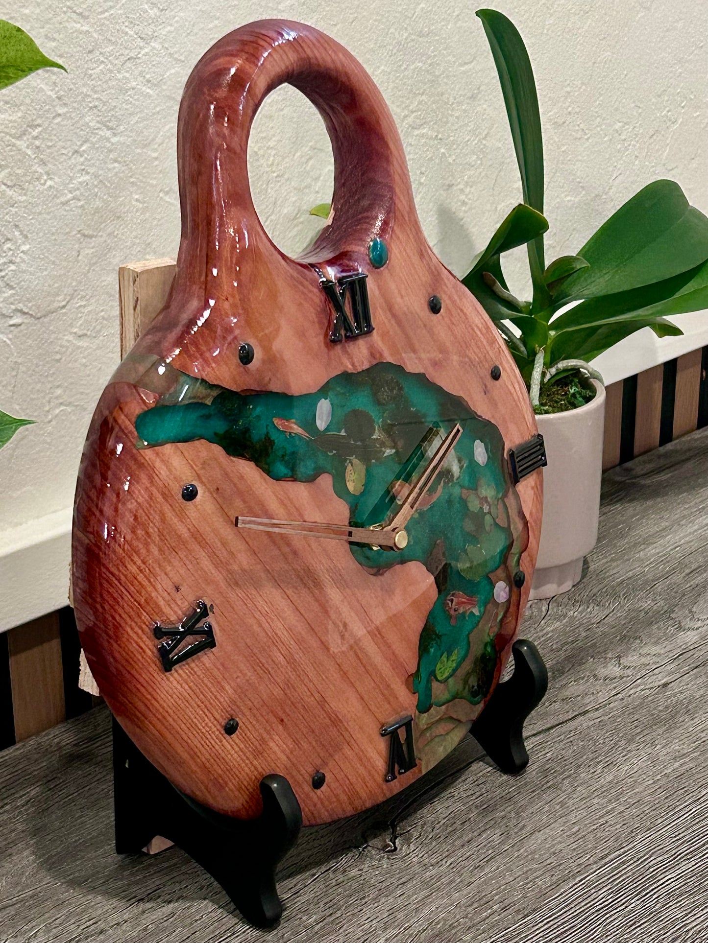 Handmade Koi Pond Resin & Wood Wall Clock – One of a Kind River Art Clock