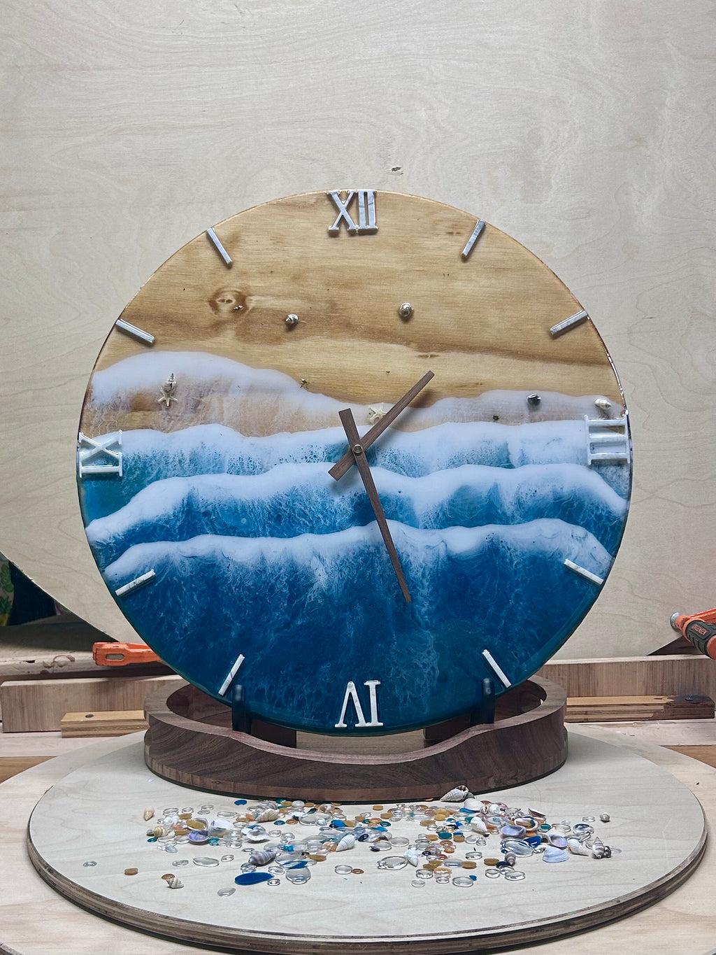 18” Ocean Wave Resin Wall Clock – Handmade Wood & Blue Epoxy Beach Art, Coastal Home Decor