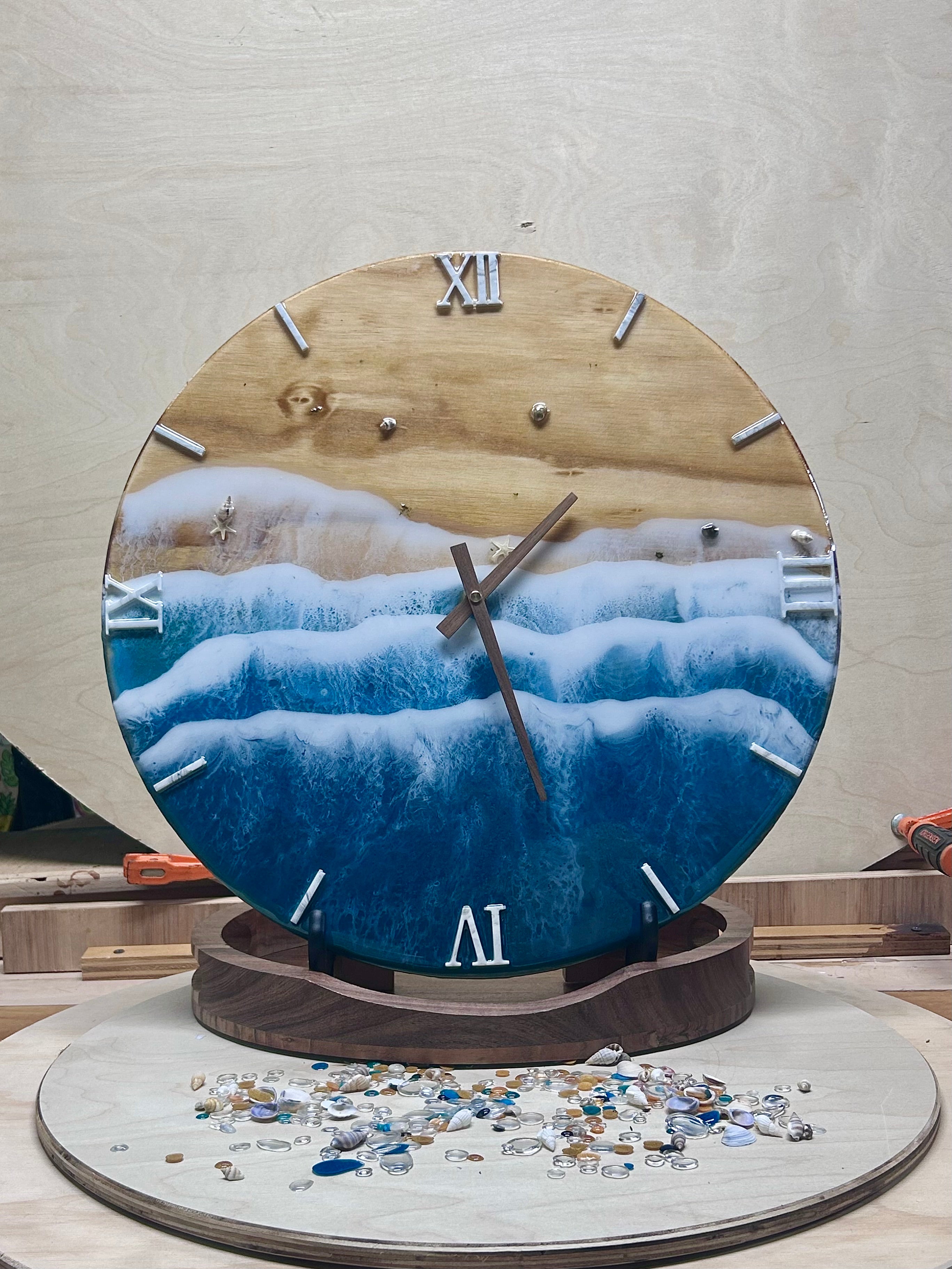 18” Ocean Wave Resin Wall Clock – Handmade Wood & Blue Epoxy Beach Art, Coastal Home Decor