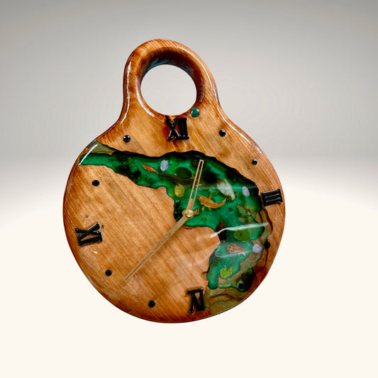 Handmade Koi Pond Resin & Wood Wall Clock – One of a Kind River Art Clock