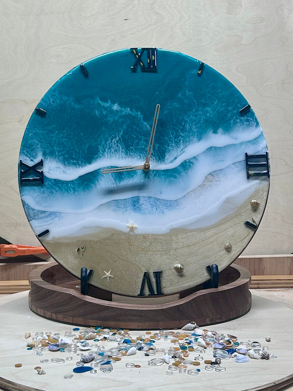 15” Ocean Resin Clock – Handmade Beach Wave Epoxy Art on Solid Wood