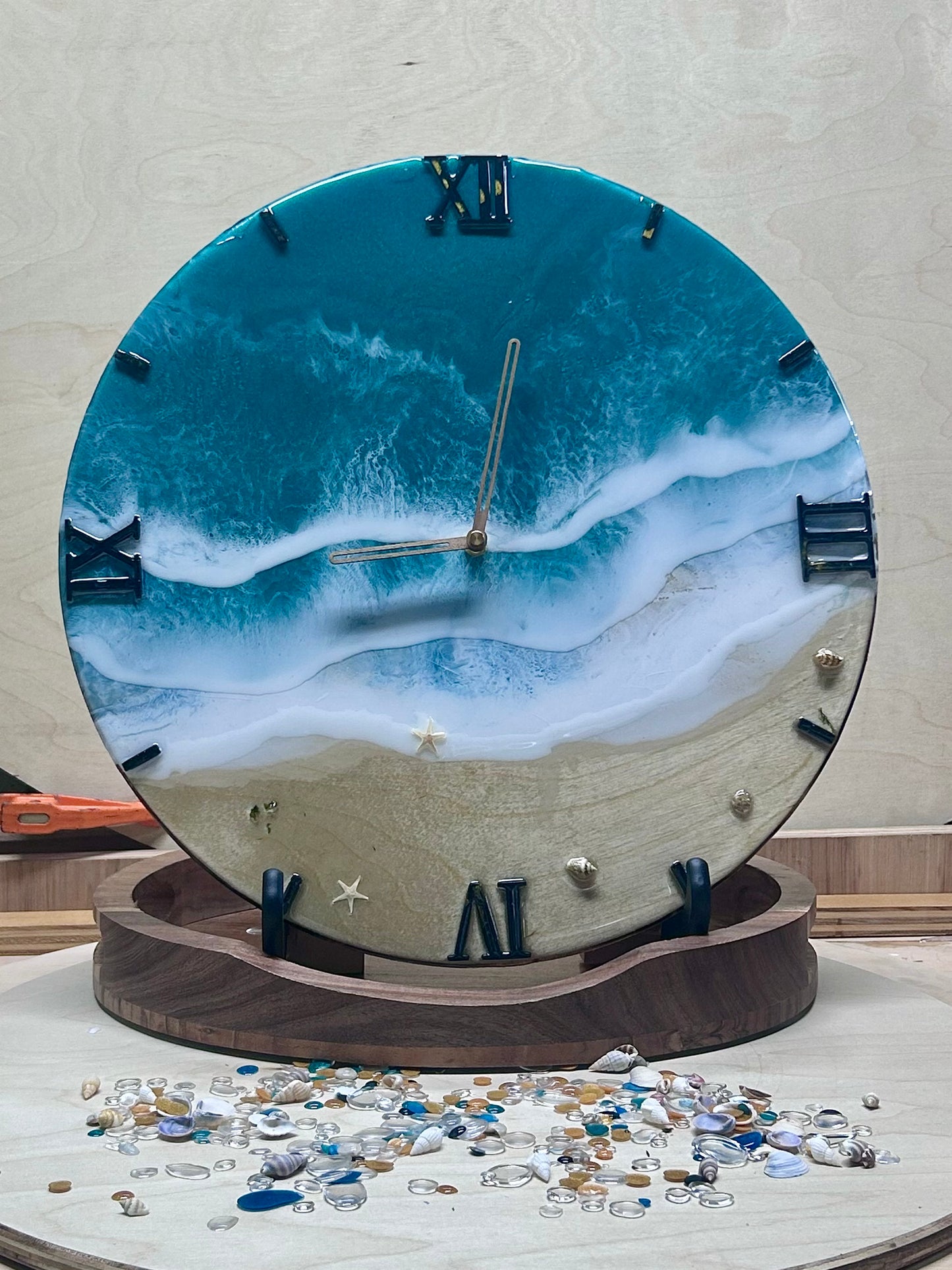 15” Ocean Resin Clock – Handmade Beach Wave Epoxy Art on Solid Wood