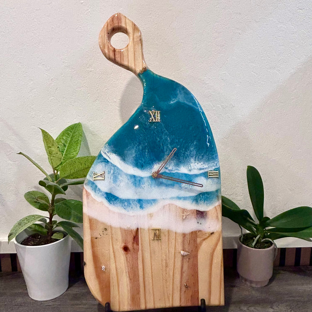 Ocean Wave Resin Wall Clock – 23” Charcuterie Board Style • Handmade Beach Art Clock • Coastal Resin Decor