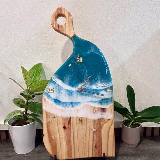 Ocean Wave Resin Wall Clock – 23” Charcuterie Board Style • Handmade Beach Art Clock • Coastal Resin Decor