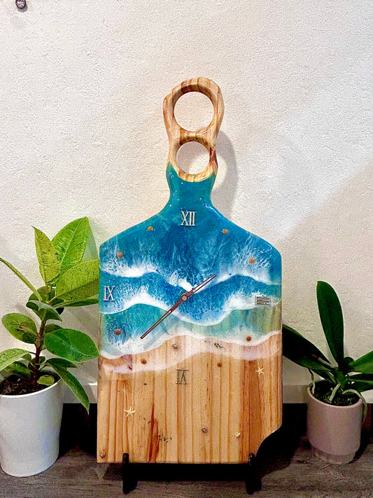 Ocean Wave Resin Wall Clock – 23” Charcuterie Board Style • Handmade Beach Art Clock • Coastal Resin Decor