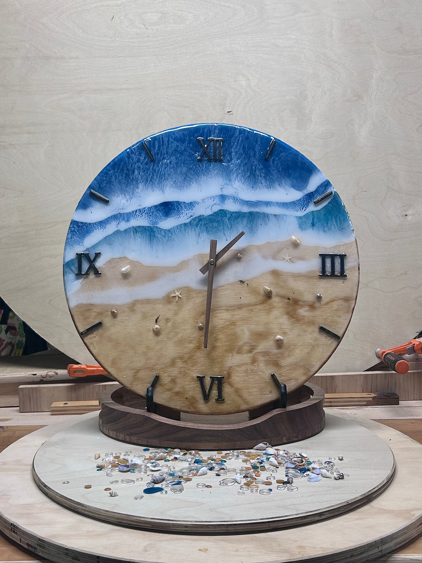 18” Ocean Wave Resin Wall Clock – Blue Beach Epoxy Art on Wood with Shells | Coastal Home Decor | Handmade Ocean Clock