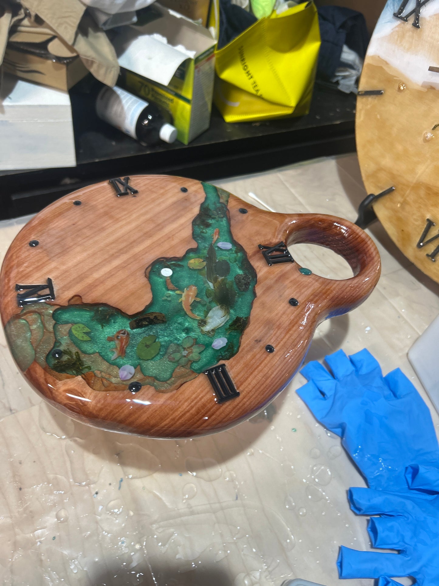 Handmade Koi Pond Resin & Wood Wall Clock – One of a Kind River Art Clock