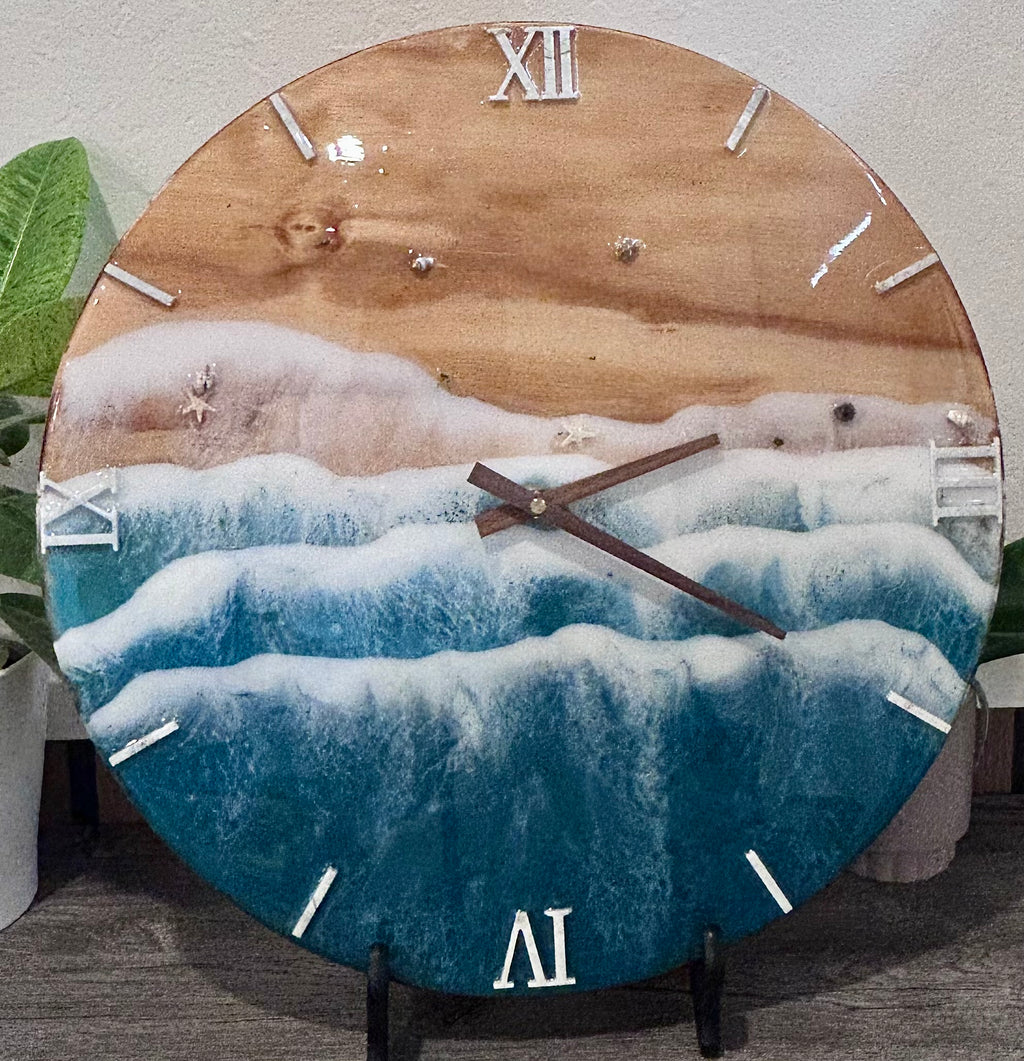 18” Ocean Wave Resin Wall Clock – Handmade Wood & Blue Epoxy Beach Art, Coastal Home Decor