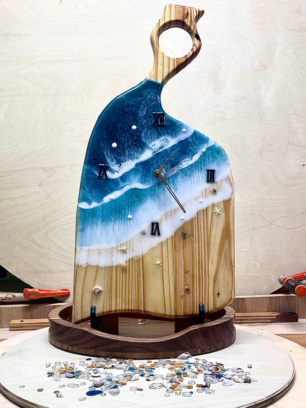 Ocean Wave Resin Wall Clock – 23” Charcuterie Board Style • Handmade Beach Art Clock • Coastal Resin Decor