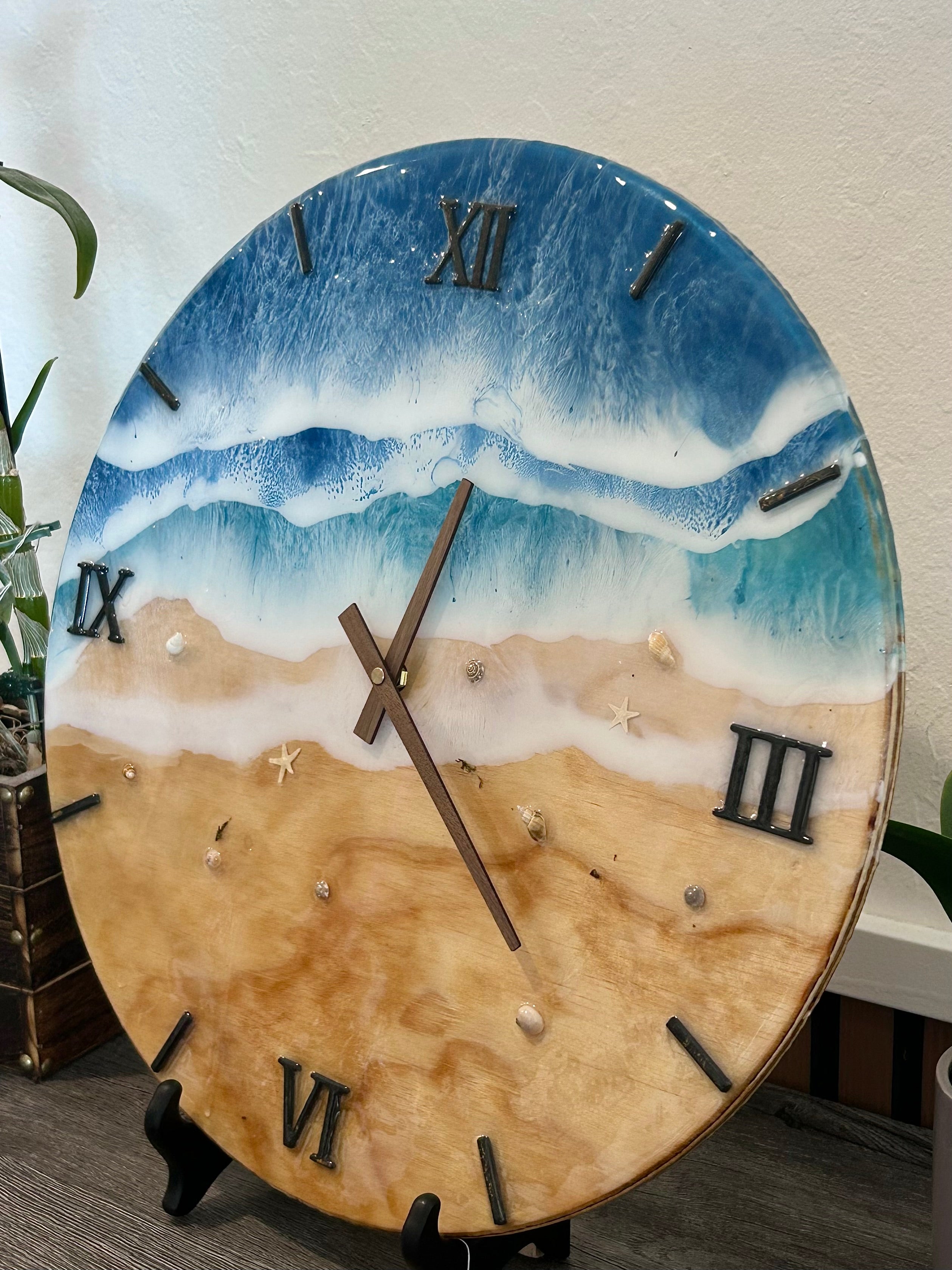 18” Ocean Wave Resin Wall Clock – Blue Beach Epoxy Art on Wood with Shells | Coastal Home Decor | Handmade Ocean Clock
