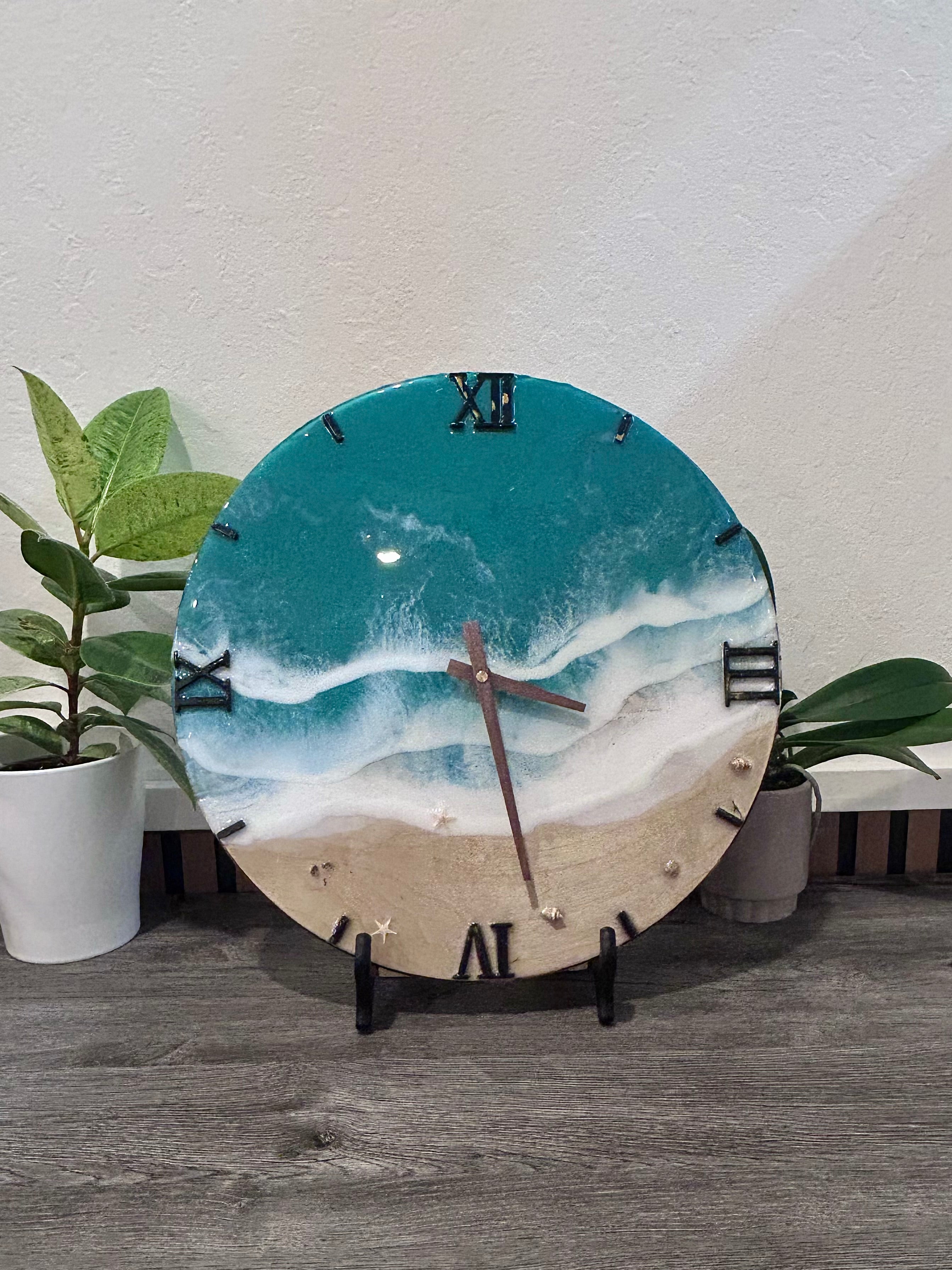 15” Ocean Resin Clock – Handmade Beach Wave Epoxy Art on Solid Wood