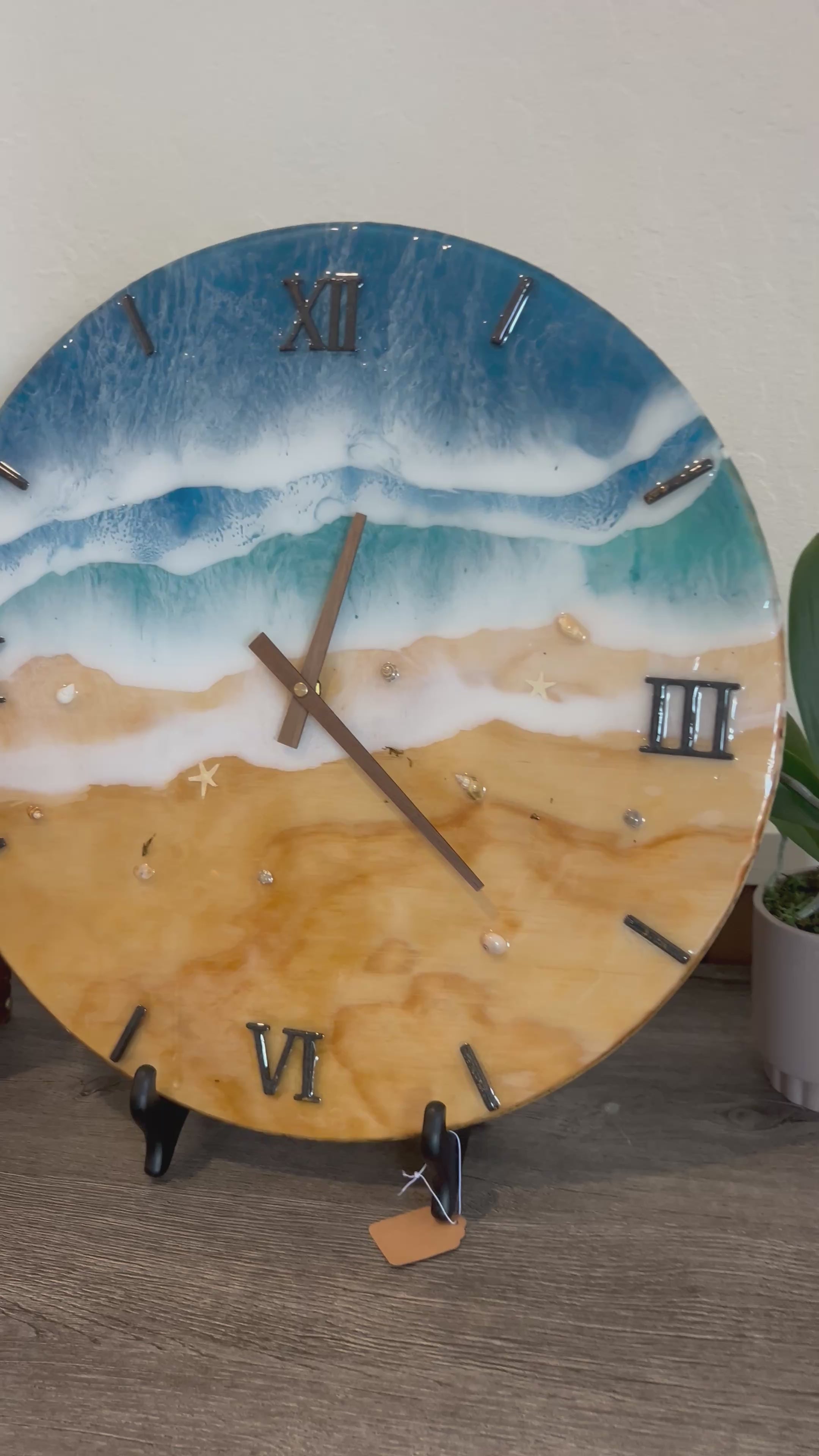 18” Ocean Wave Resin Wall Clock – Blue Beach Epoxy Art on Wood with Shells | Coastal Home Decor | Handmade Ocean Clock