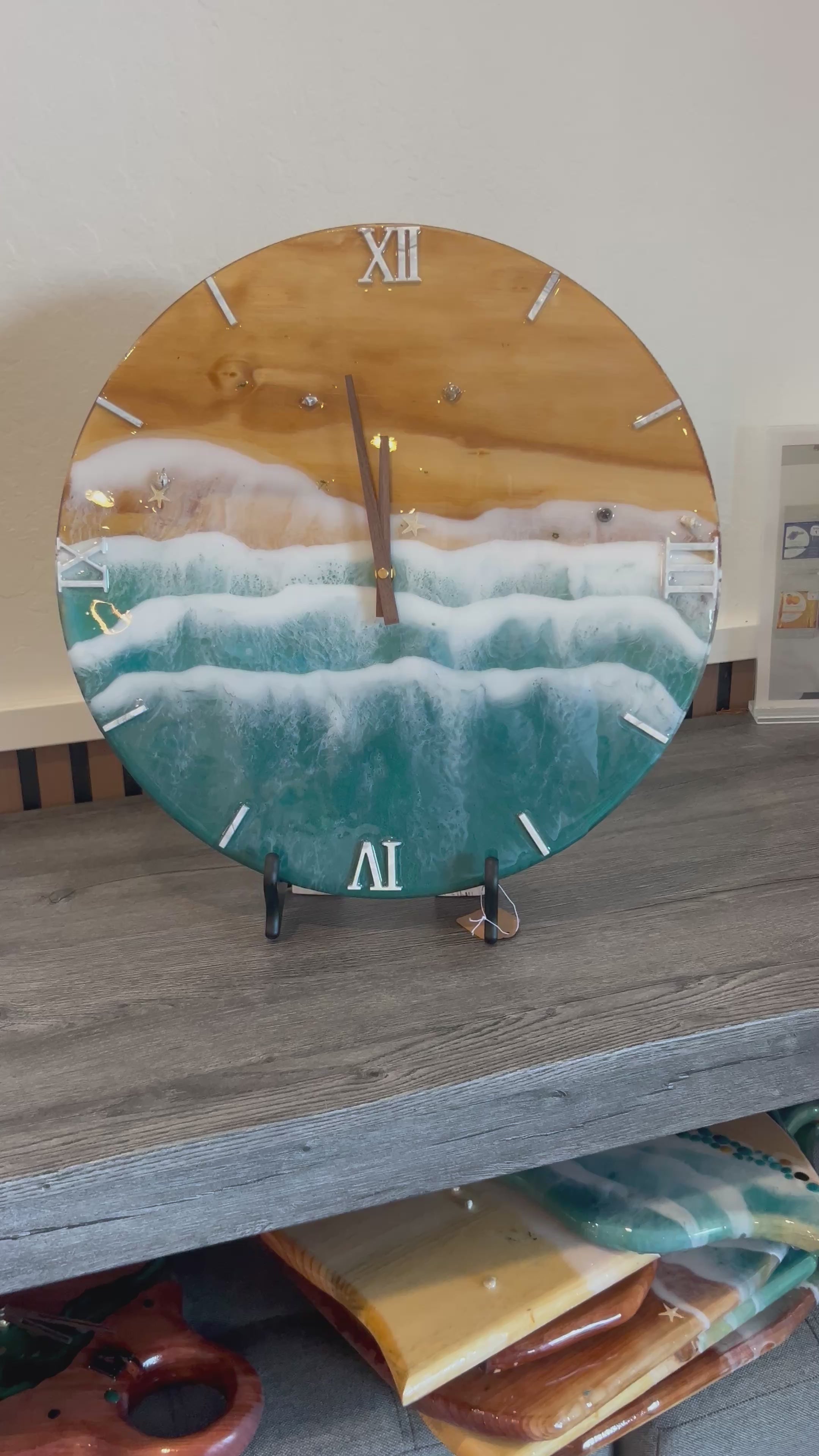 18” Ocean Wave Resin Wall Clock – Handmade Wood & Blue Epoxy Beach Art, Coastal Home Decor