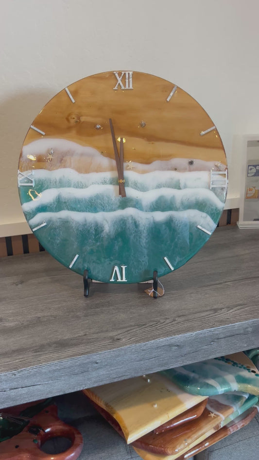 18” Ocean Wave Resin Wall Clock – Handmade Wood & Blue Epoxy Beach Art, Coastal Home Decor