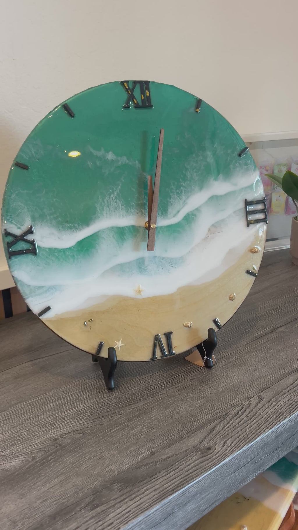 15” Ocean Resin Clock – Handmade Beach Wave Epoxy Art on Solid Wood