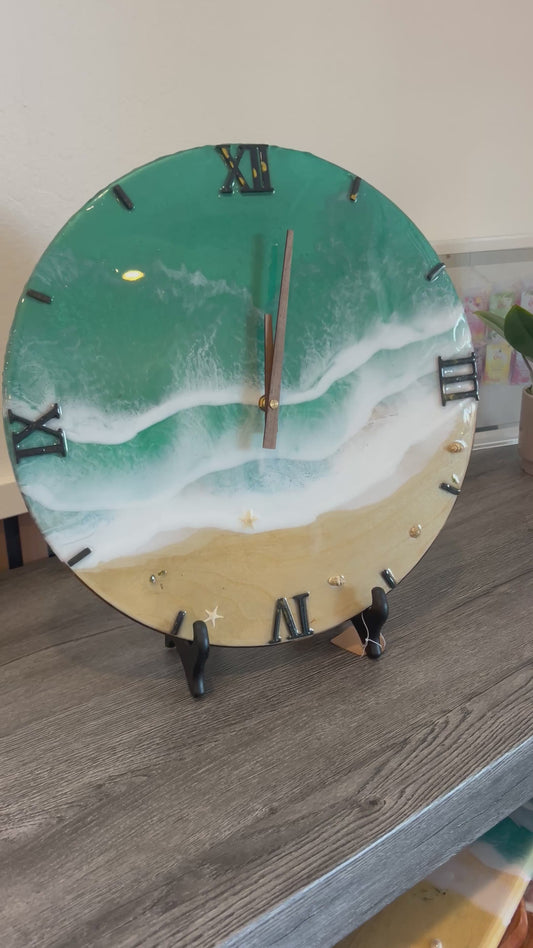 15” Ocean Resin Clock – Handmade Beach Wave Epoxy Art on Solid Wood